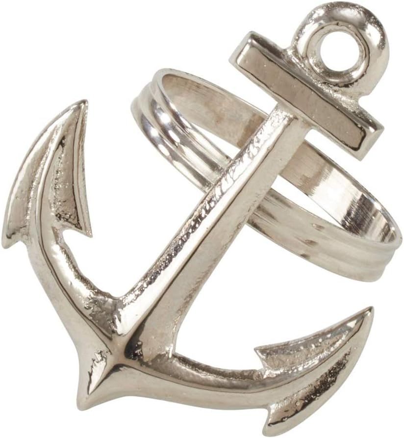 Fennco Styles Contemporary Seaside Anchor Design Brass Napkin Rings, Set of 4 - Silver Plated Napkin Holders for Everyday Use, Holiday Décor, Banquets and Special Events