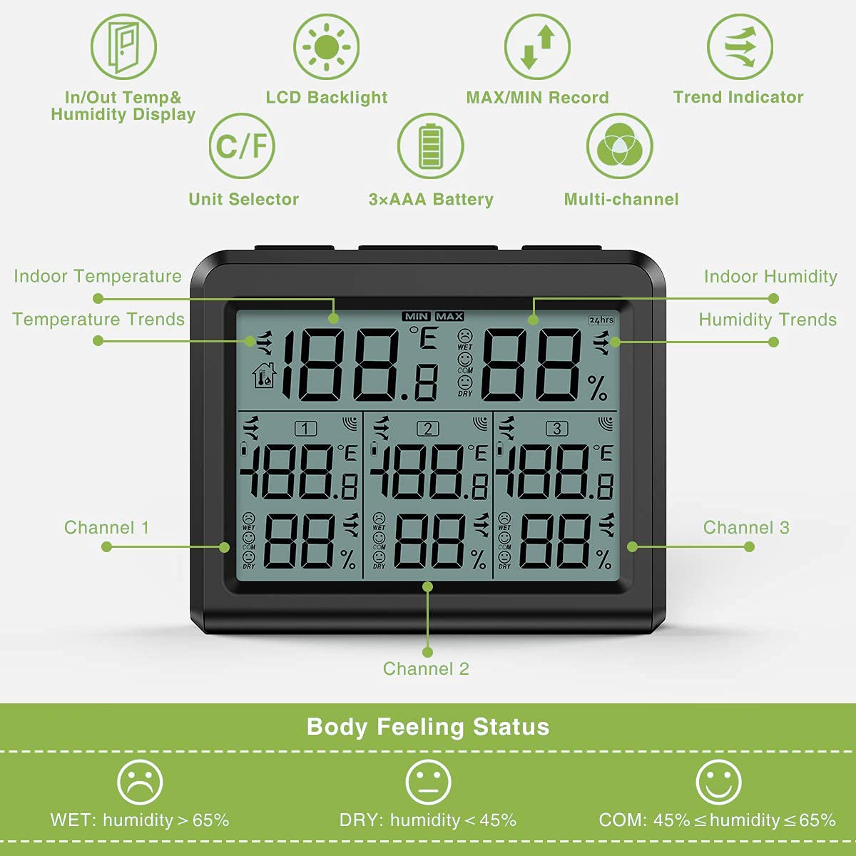 KeeKit Innen Außen Thermometer, Temperatur Luftfeuchtigkeit Monitor mit 3 Drahtlose Sensoren, Hygrometer Meter Gauge mit LCD Hintergrundbeleuchtung, Min/Max Record für Zuhause, Büro, Restaurants, Bars