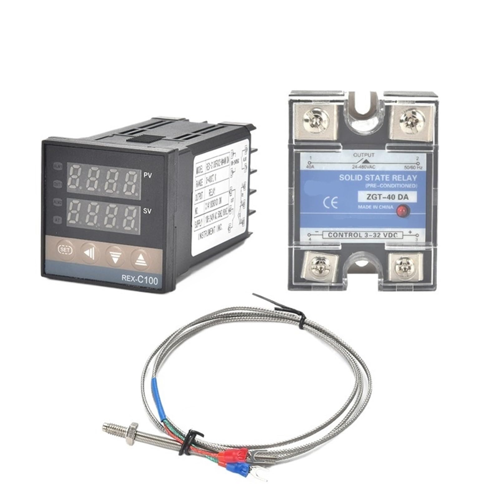 regolatore di Temperatura Regolatore di Temperatura PID Digitale REX-C100 Termostato 40DA Relè SSR Vite K/J M6 1M Sonda termocoppia Set dissipatore di Calore RKC(Set 2 K)