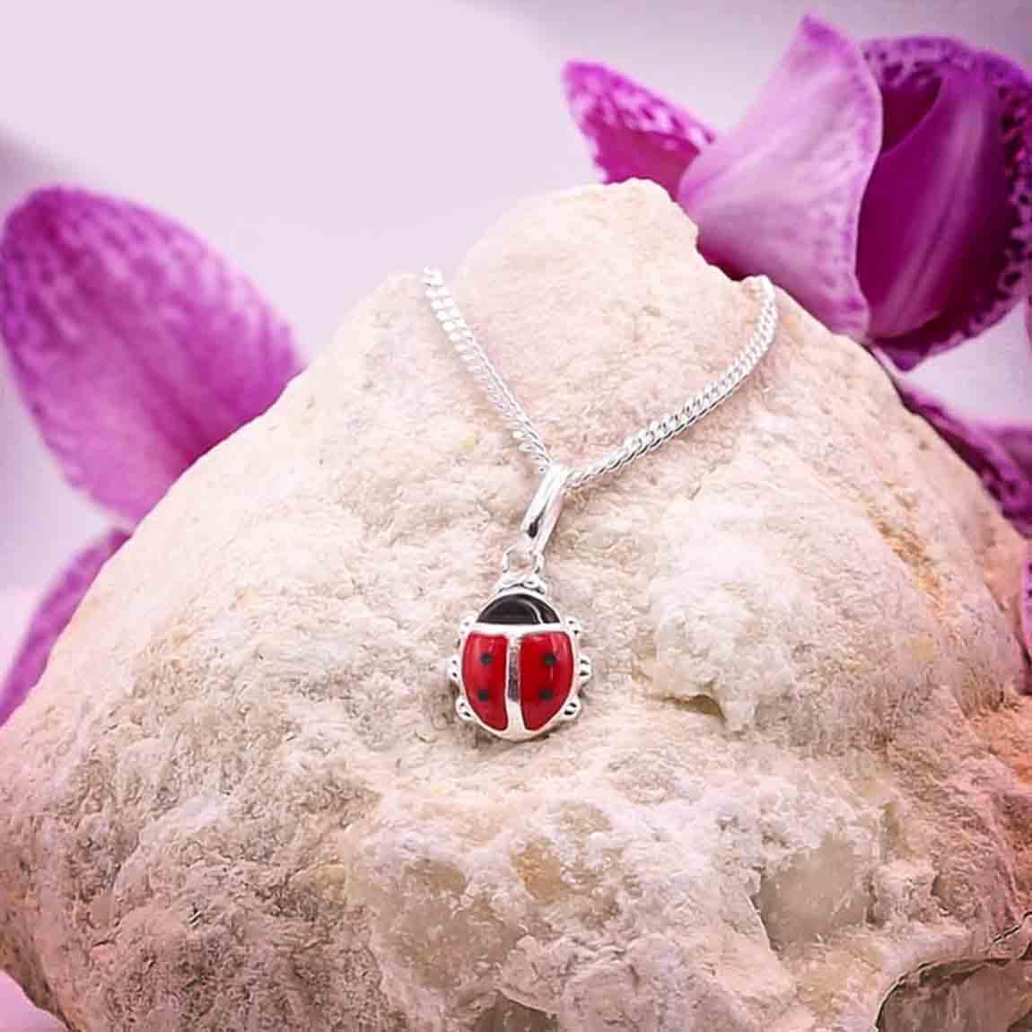 CLEVER SCHMUCK Marienkäfer Kette Silber 13 mm rot lackiert für Mädchen mit Kette Venezia 36 cm STERLING SILBER 925 im Etui rot