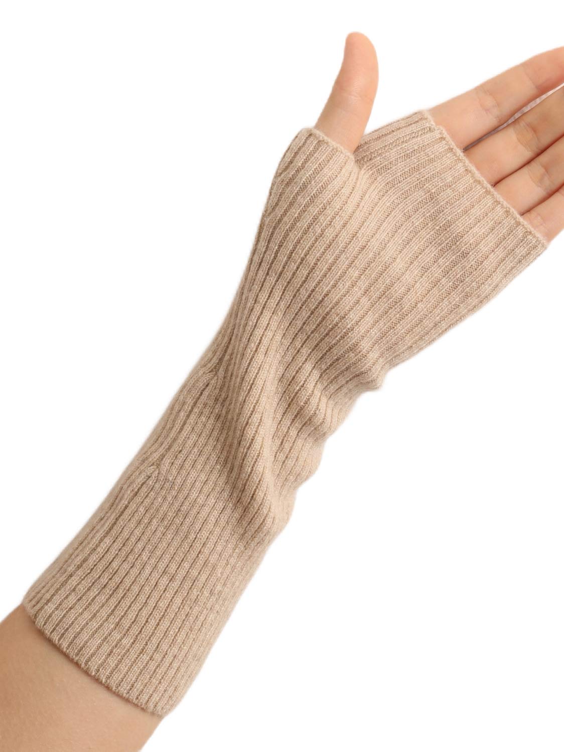 Prettystern mid-length Woman cashmere wrist warmers arm cuff fingerless rib knit gloves beige