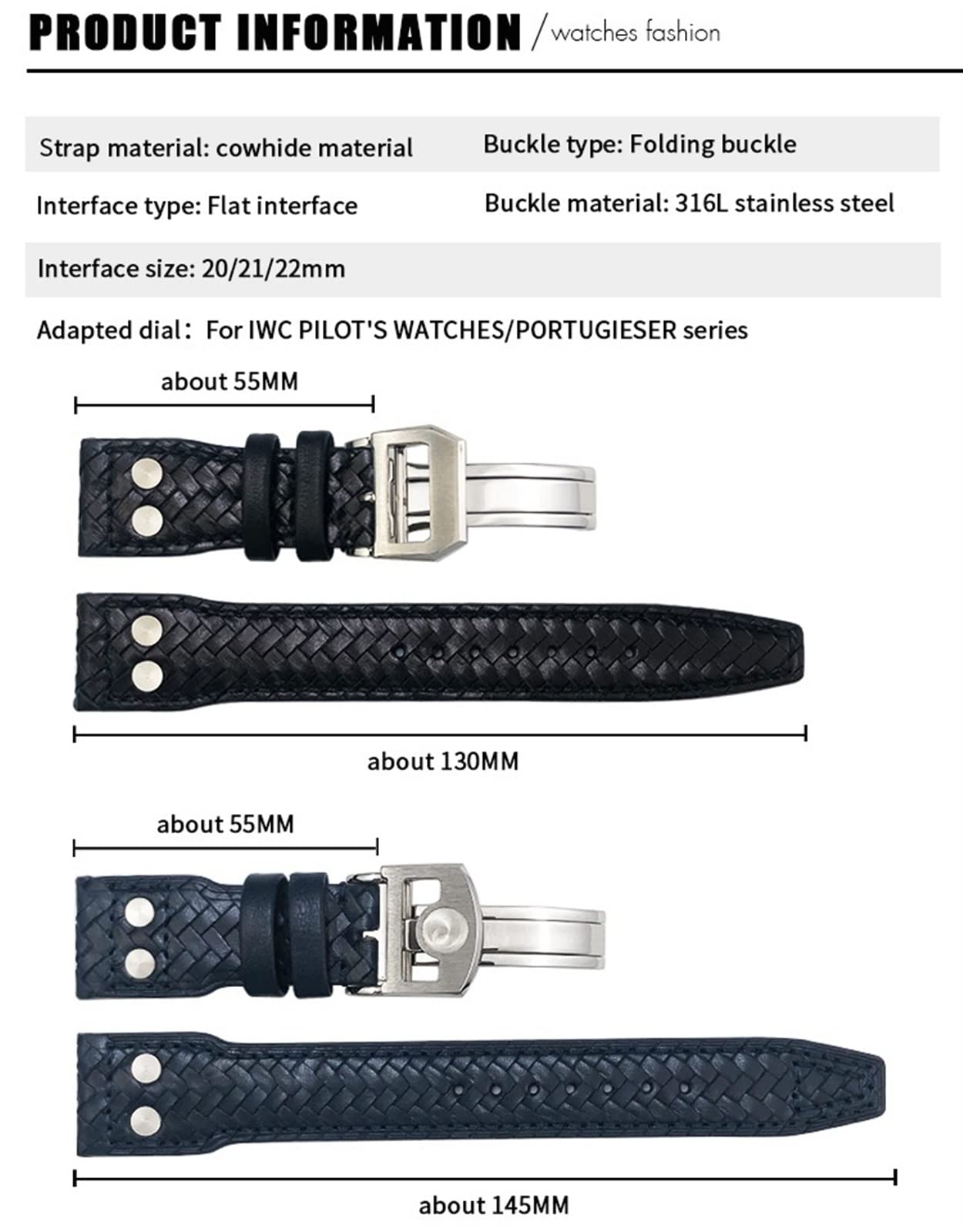 SRRDK Correa de reloj de cuero genuino tejida con remaches de 20mm 21mm 22mm para IWC Big Pilot Portugieser Pilot IW3777 correa de reloj de cuero de vaca