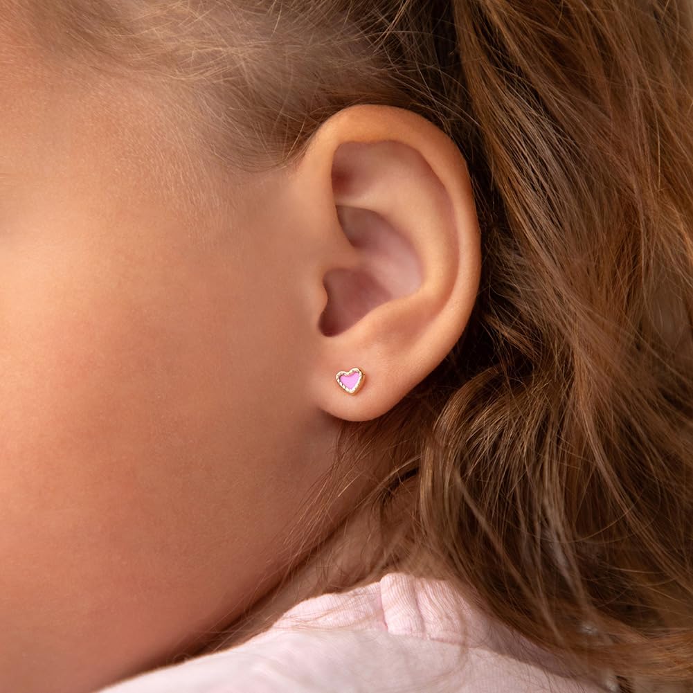 14k Yellow Gold Pretty in Pink Safety Screw Back Earrings For Toddlers and Little Girls - Delicate and Small Pink Shapes Screw Backs For Children - Children's Shape Studs