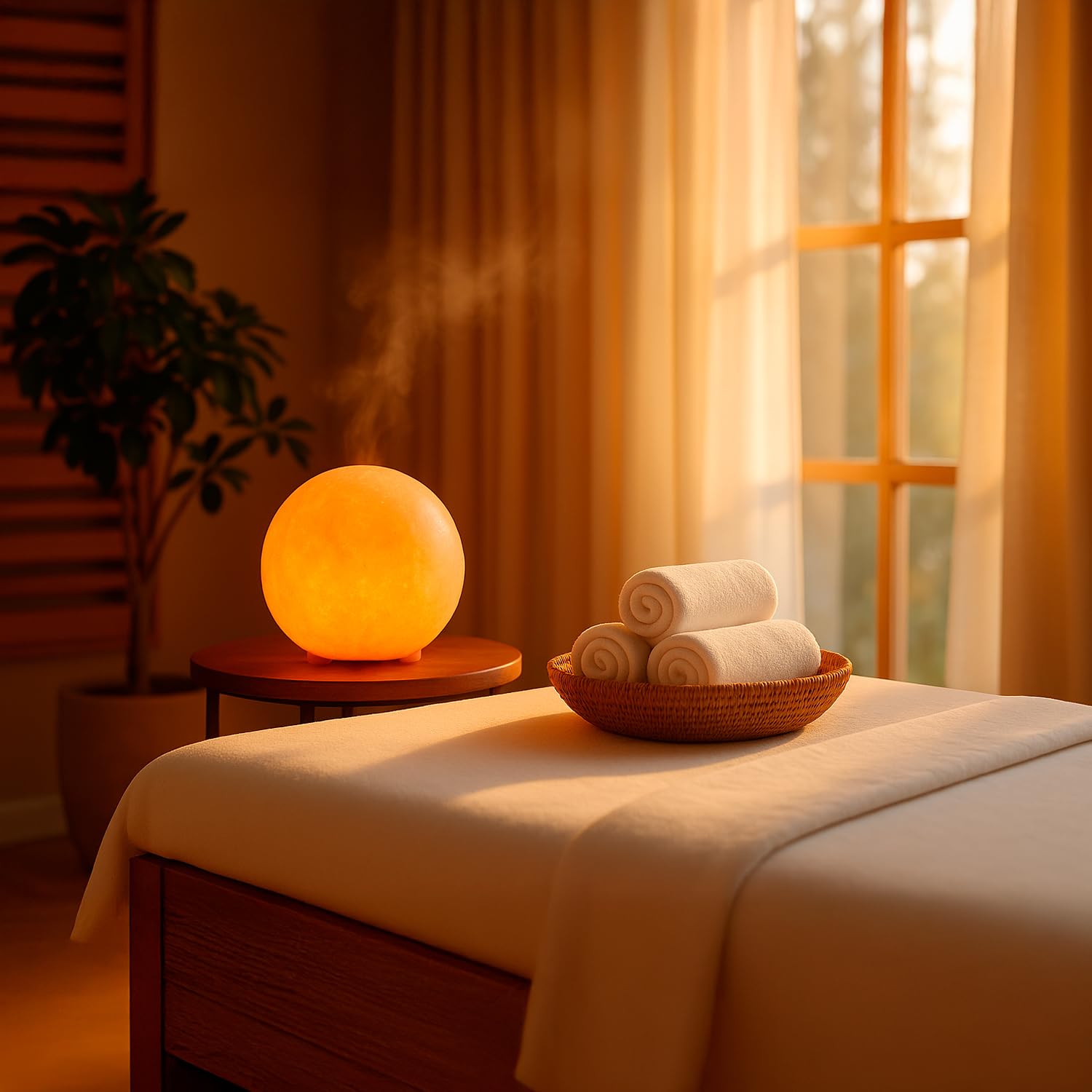 Lámpara de Sal del Himalaya “Moonlight” – Esfera de 14,5 cm, 3,9 kg – Luz Cálida y Relajante – Hecha a Mano con Base de Madera – Incluye Bombilla E14 y Cable con Interruptor – Ideal pa