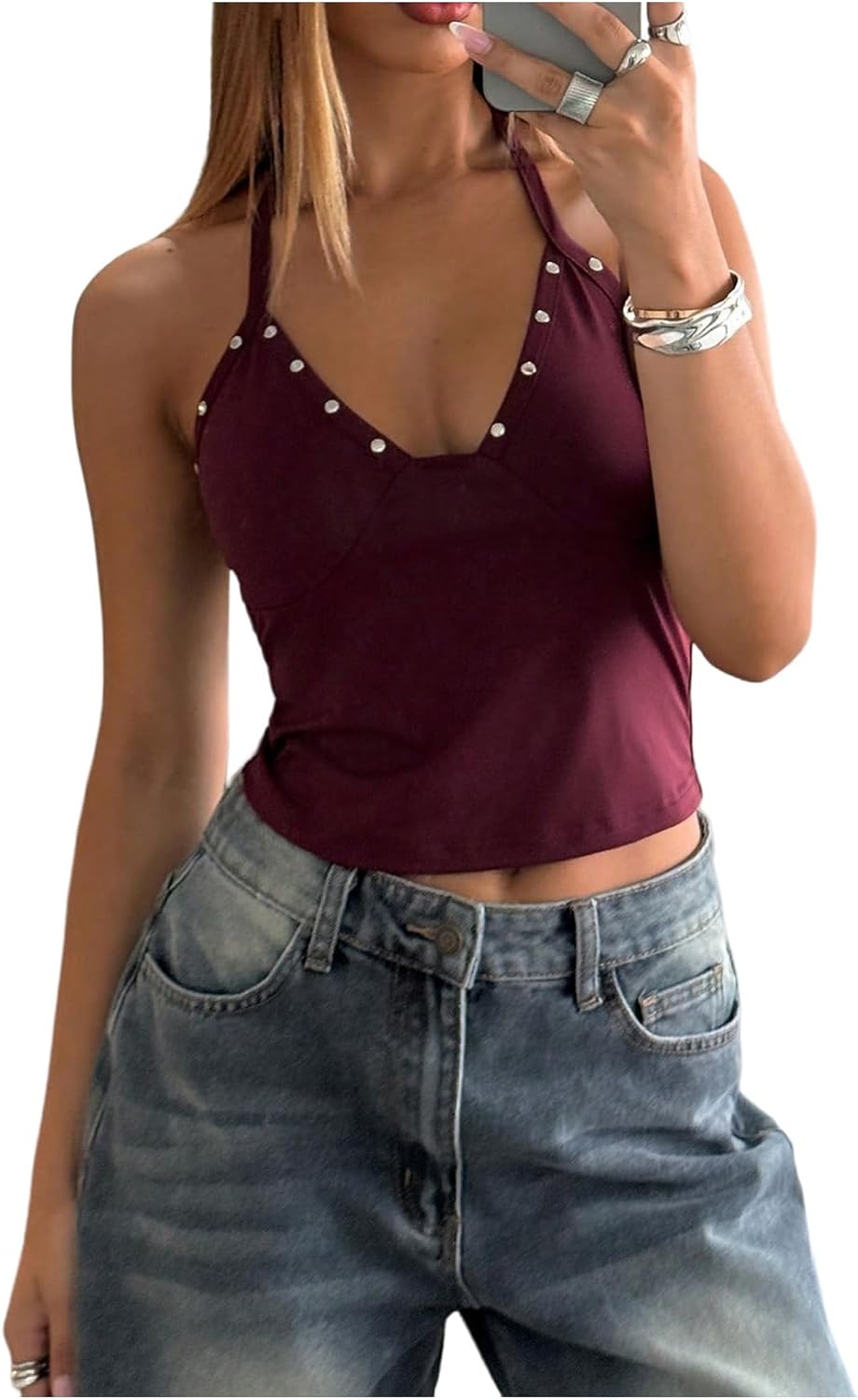 SOLY HUX Women's Y2k Punk Studded Halter Tops V Neck Tie Backless Sleeveless Going Out Cami Crop Top Streetwear