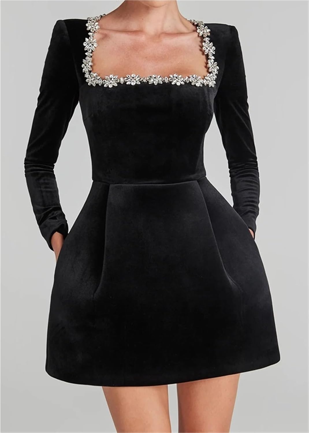 Long Sleeve Wedding Dress for Bride Crystal Square Neck Velvet Mini Bridal Shower Gown with Pockets - Image 5