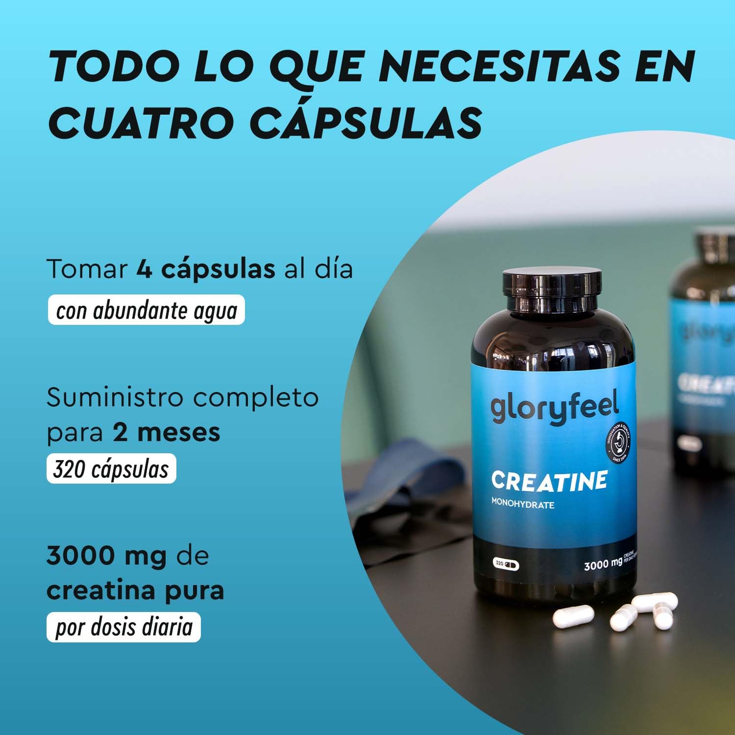 Creatina Monohidratada 3.412mg - 320 Cápsulas - Para la masa muscular, tu entrenamiento, el deporte y el fitness - 3000mg Creatina pura en polvo en altas dosis - Probado en laboratorio Sin aditivos