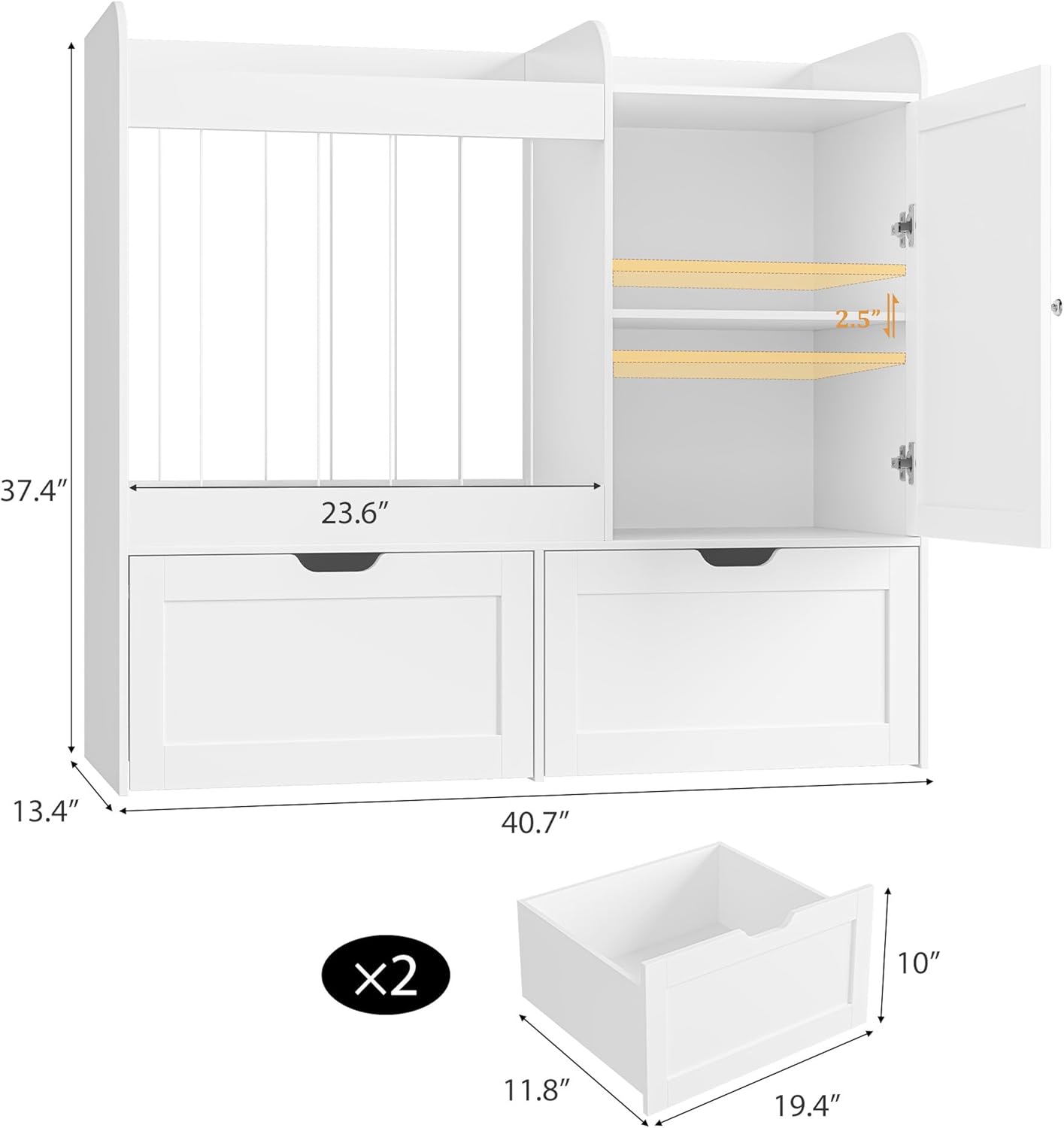 40" Toy Organizers and Storage, Stuffed Animal Holder with Magnetic Drawing Board, Wooden Toy Organizer with 2 Movable Drawers, Kids Room Toy Organization for Playroom Bedroom Nursery (White)