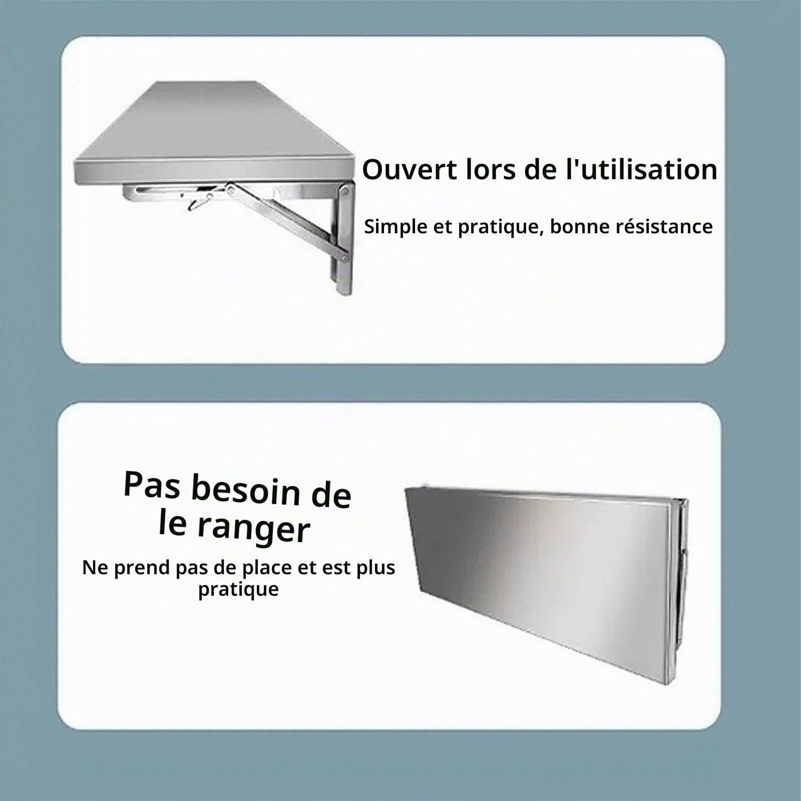Table murale rabattable table murale pliante fixée au mur table de cuisine murale,Fabriqué en acier inoxydable 304, support pliant en acier inoxydable épaissi,peut supporter jusqu'à 150 kg de poids,(S