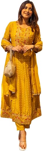VredeVogel Women's Embroidered Silk Blend Anarkali Kurta with Pant & Dupatta Set | Festive & Casual Ethnic Kurta Set for W...