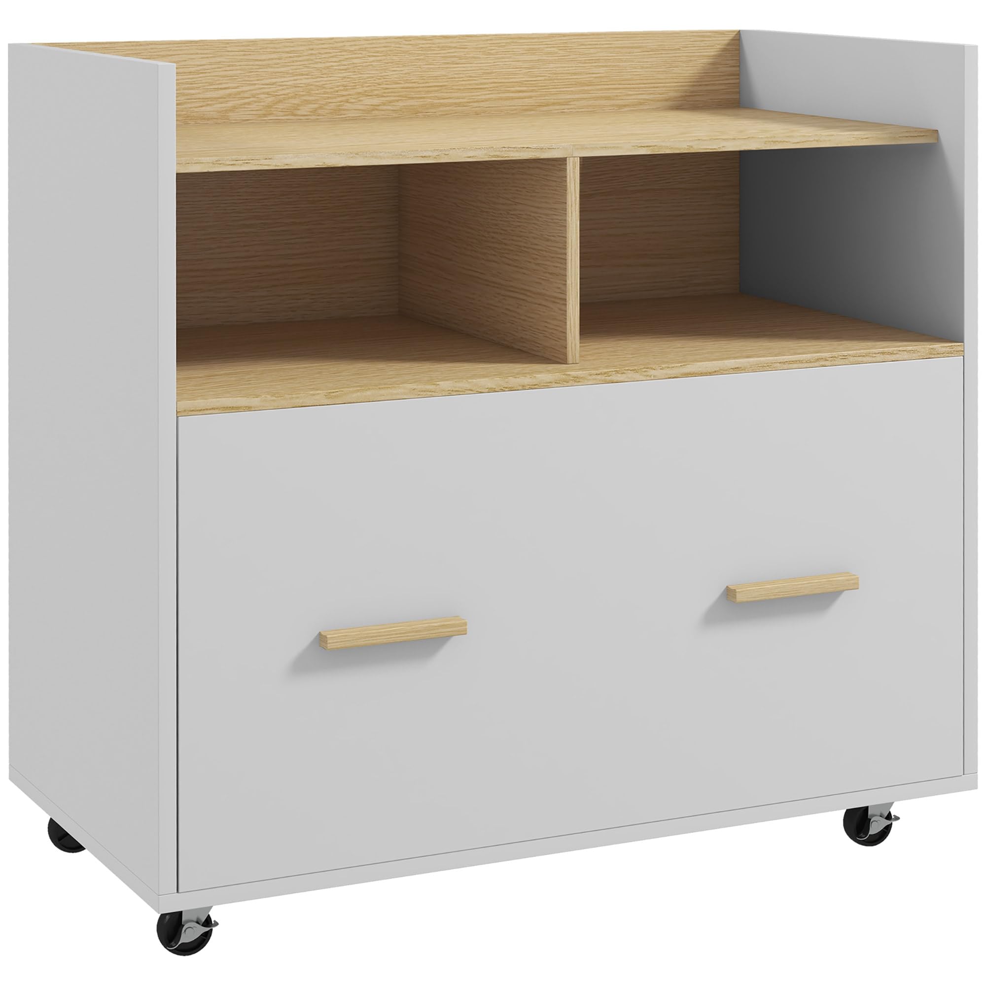 Vinsetto Cajonera de Oficina Armario Archivador Móvil Cajonera Escritorio con Ruedas Cajón Barras Colgantes para Tamaño A4 y 2 Compartimientos para Estudio Salón 76x40x75,​5 cm Roble y Blanco