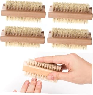 CHILDWEET 4pcs Natural Pig Bristle Wooden Nail Brush Set Double-Sided Hand and Foot Cleaning Scrub for Manicure and Pedicure Care Non-Slip Handle for Dirt Removal