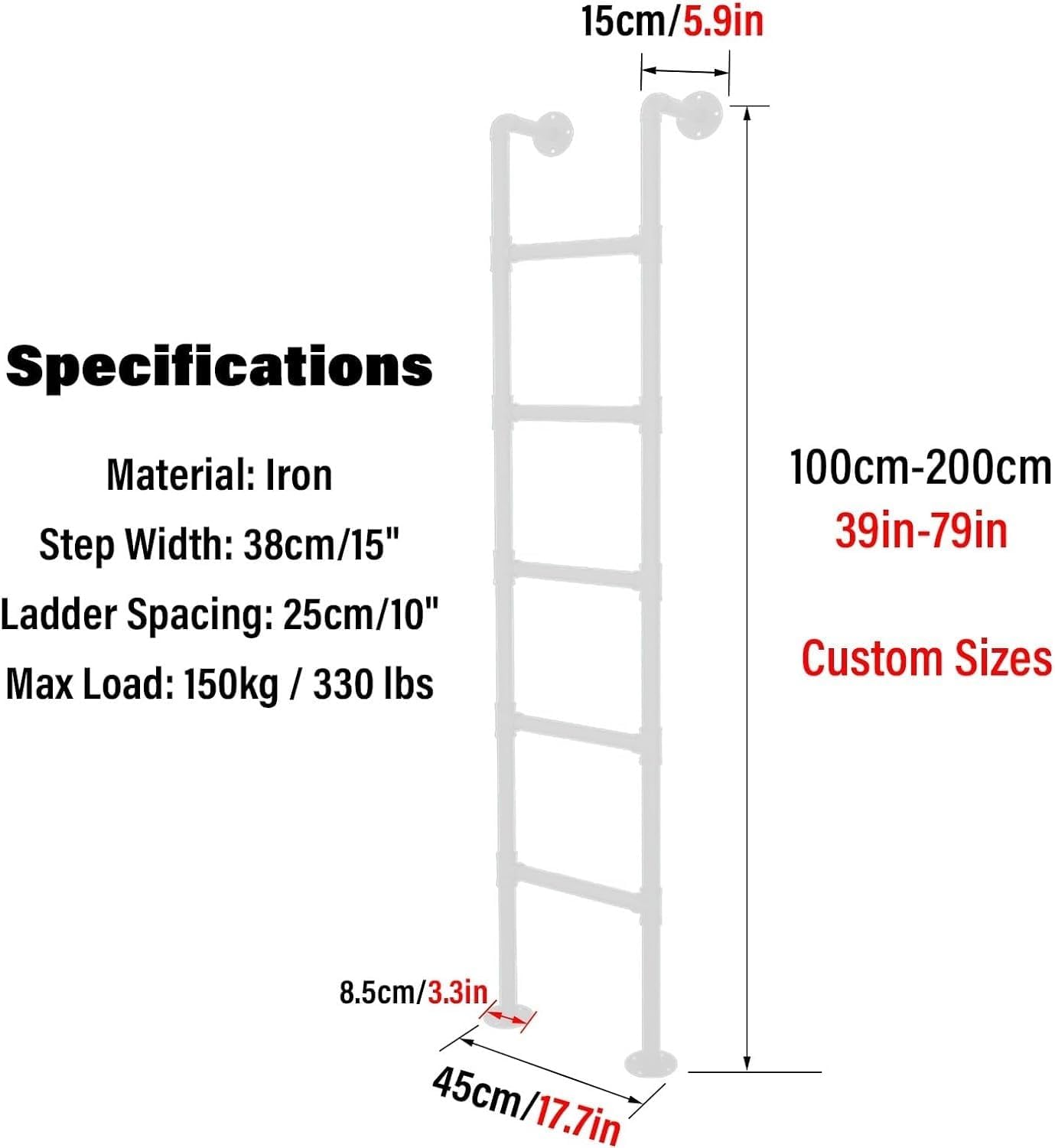Step Climb Ladder for Bunk Beds, 1m to 2.3m, Easy Install Egress Ladder, Fire Safety Climbing Steps, Heavy Duty 150kg Capacity, White, 7.1FT/2.16M