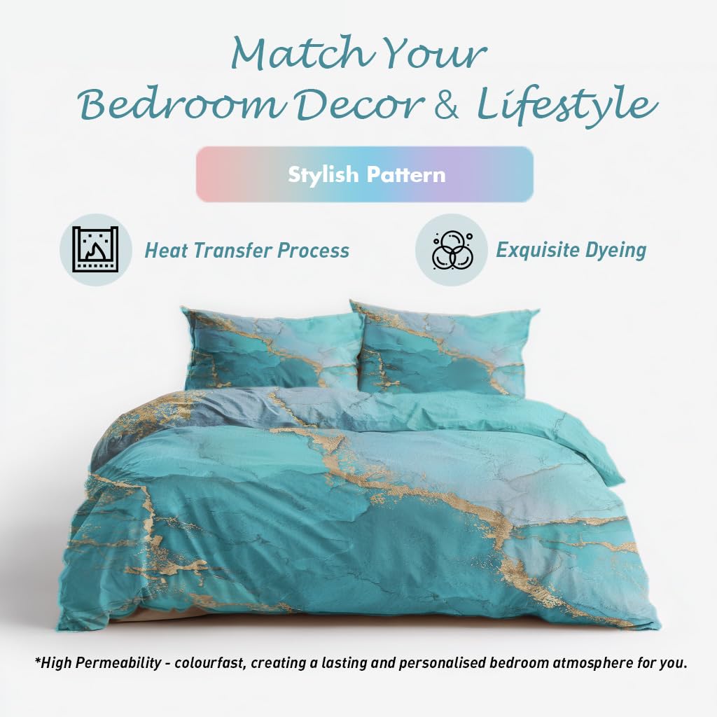 Generisch Bettwäsche 200x220 Türkisfarbener Marmor Design, 3tlg - Gold Aqua Blau Bettbezug und 2 Kissenbezug 80x80, Mikrofaser Wendebettwäsche mit Reißverschluss, Schlafzimmer Deko N&-4046
