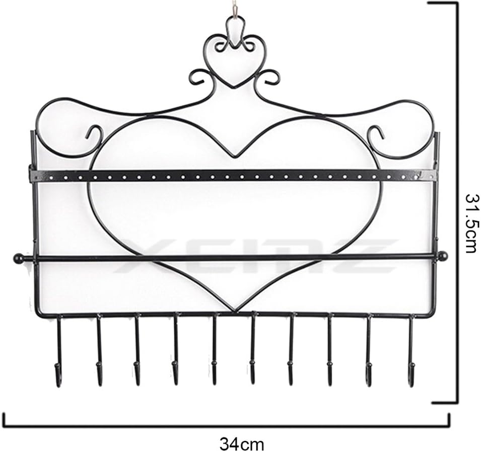 Wall Hanging Jewelry Organizer Holder, 28 Hooks Wall Mounted Storage Shelf, Heart Shape Earrings Necklace Display, Bracelet Key Chain Bangle Metal Hanger Rack – Gift for Ladies Women (Black)