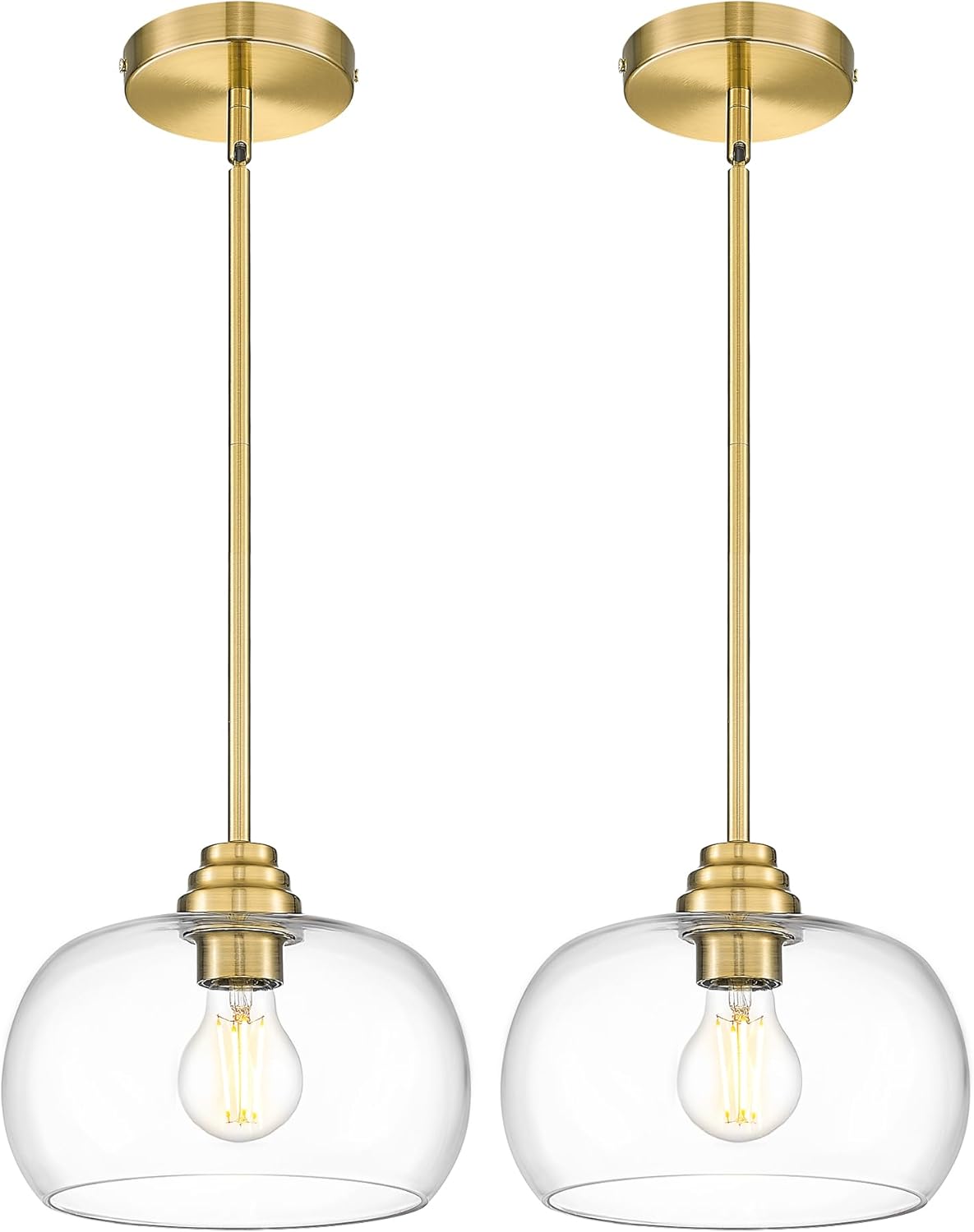 AUTELO 2 Pack Gold Pendant Lights, Glass Pendant Lights Kitchen Island with Clear Drum Glass, Industrial Pendant Ceiling Lights with Adjustable Rods for Kitchen Dining Room Bar, H9385 BG-R-2PK Brushed Gold 2 Pack