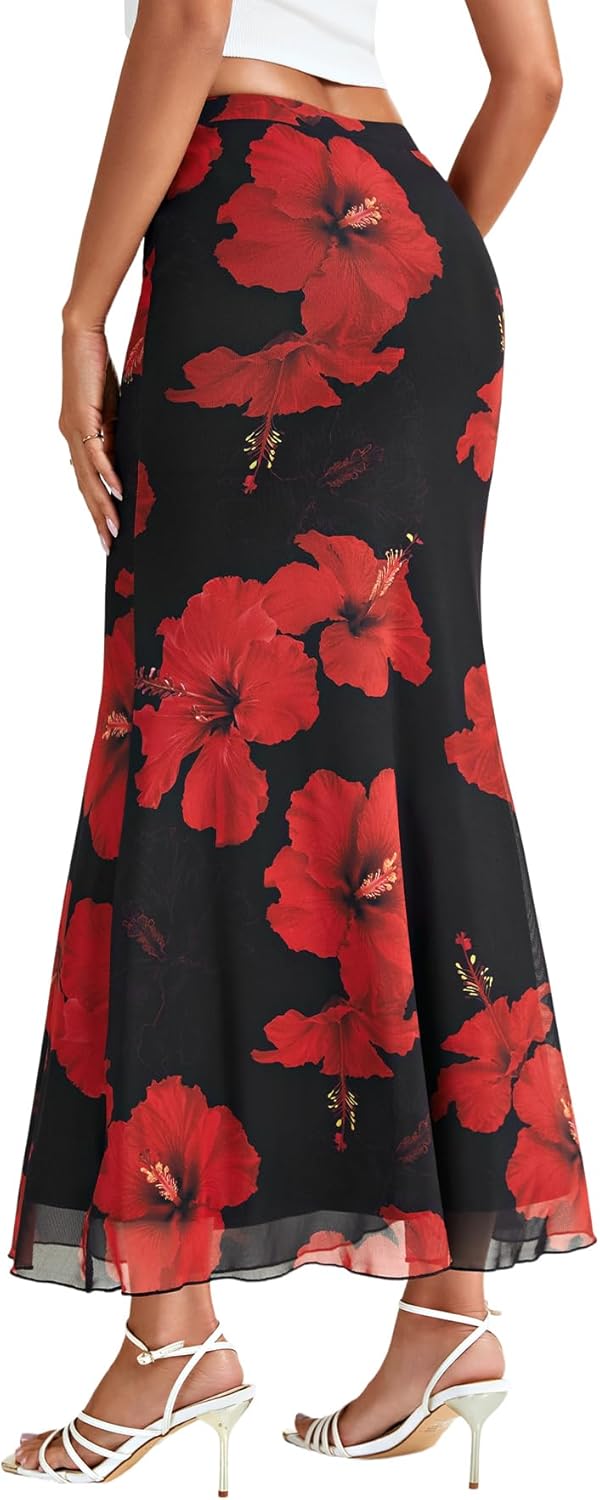 KIFOVEN Women's Mesh Floral Print High Wasit A-Line Hem Slim Fit Long Skirt - Image 5