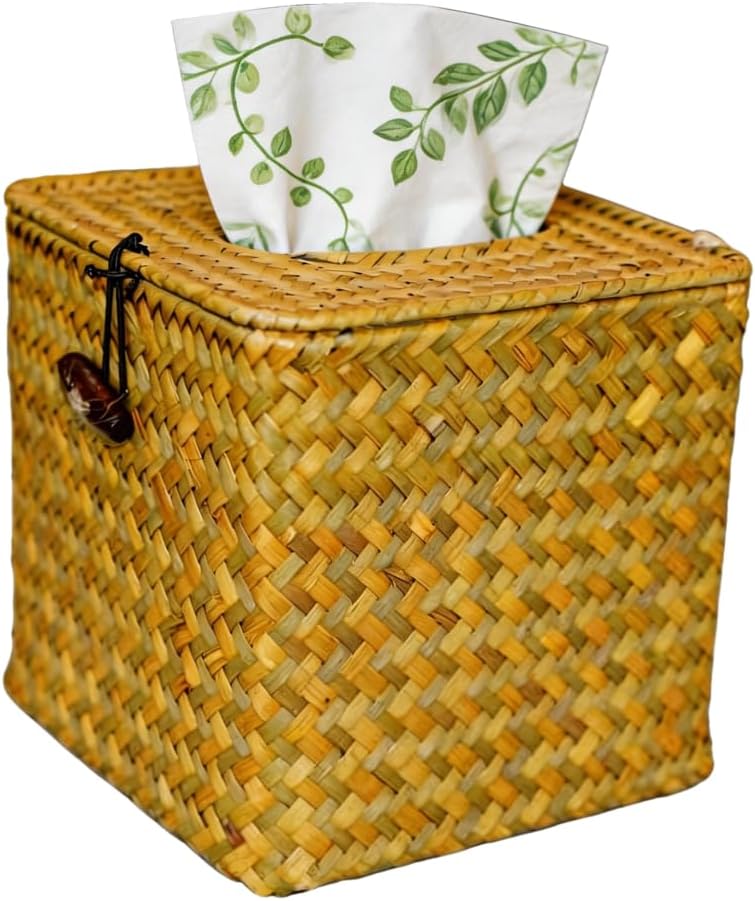 Rattan Tissue Box Cover Square, Woven Seagrass Tissue Holder with Lid - Boho Farmhouse Decorative Cube for Bathroom, Living Room, Kitchen, Office (Orange)