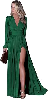 Long Sleeve Bridesmaid Dresses for Women with Slit Chiffon V-Neck Wedding Guest Dress Formal Evening Gown