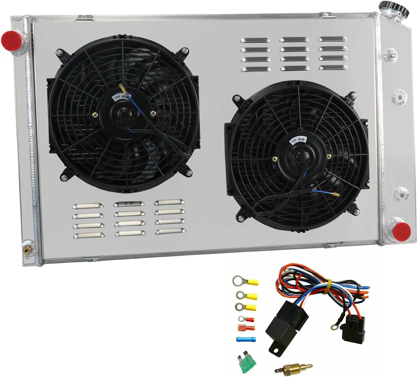 ECMRAD 4 Core Aluminum Radiator Shroud Fans for 1981-1986 Chevy C/K C10 C20 C30 K10 K20 K30 5.0l 5.7l 7.4l 6.6l V8 Suburban