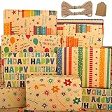 Papier Cadeau Anniversaire pour Enfant Femme Fille Garçons Homme-Papier Emballage Cadeau Anniversaire Set-Papier Anniversaire D'emballage-Papier Cadeaux Kraft Couleur Recycléavec étiquettes et Ficelle