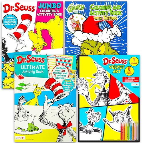 Dr. Seuss Coloring Book Bundle Activity Set - 4 Pack Dr Seuss Craft Kit Featuring Horton Hears a Who, The Cat in The Hat, and Green Eggs and Ham