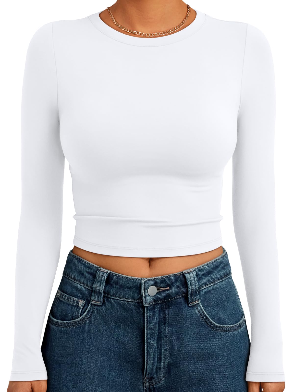 Photo 1 of Trendy Queen Womens Long Sleeve Crop Tops Basic Slim Fitted Shirts Spring Fashion Outfits 2026 Teen Girl Clothes White S