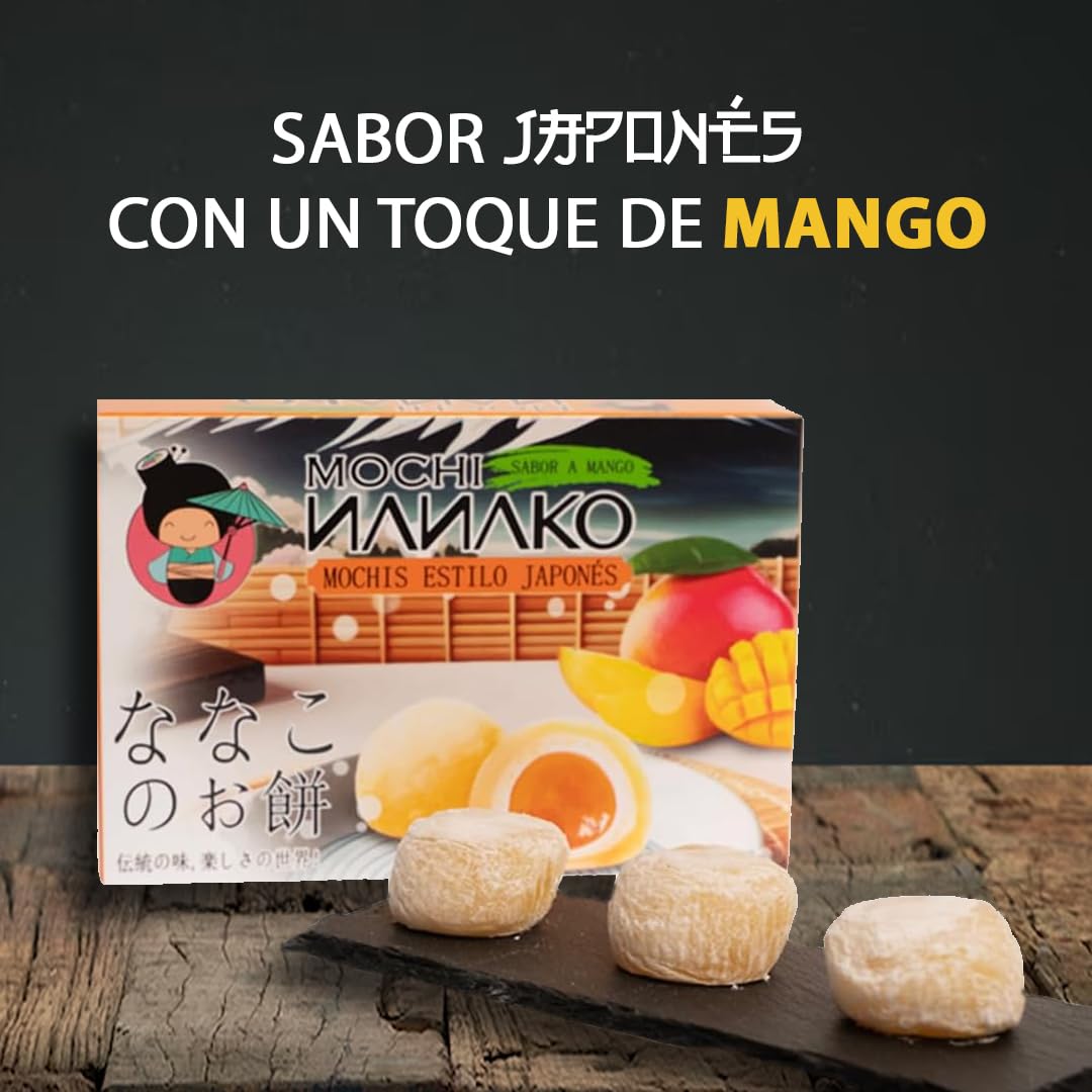 JAPON MARKET Mochi Japonés Sabor Mango Nanako 180g - Dulces Japoneses, Postre Exótico - Chuches Japonesas - Mochis - Snacks Japoneses con Mango - Comida Asiática Dulce - Caja de Chuches Japonesas