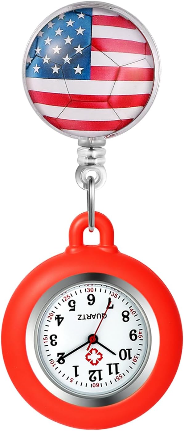 Avaner Women's Retractable Nurse Watches: American Flag Theme Pattern Hanging Lapel Clip-on Medical Fob Pocket Watch