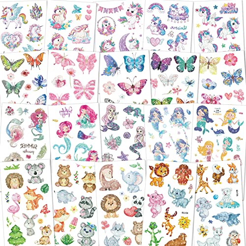 KIHONI 250 Stück Kinder Tattoo Mädchen Temporäre Tattoos zum Aufkleben Kindertattoos Klebetattoos Kinder Mädchen Perfekt Mitgebsel Kindergeburtstag (Glitzer Tattoo)