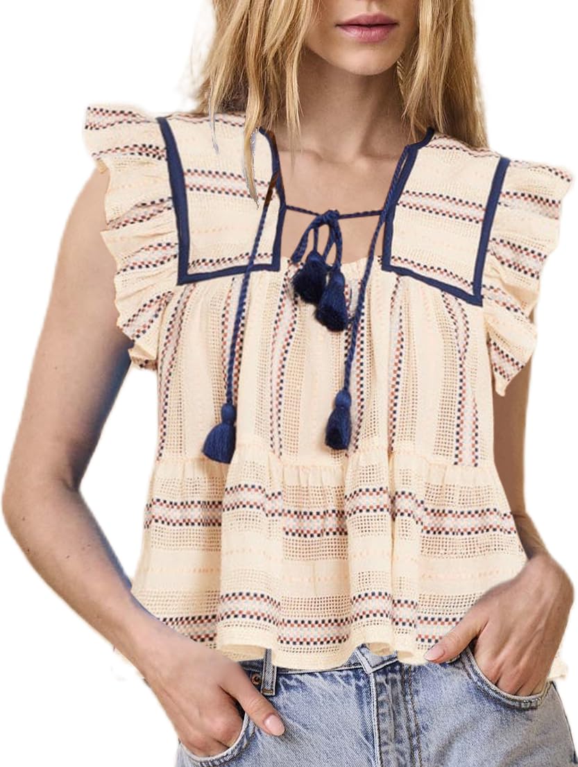 Women Boho Tie Front Peplum Top Floral Print Flowy Fringe Shirt Square Neck Ruffle Tank Top Going Out Blouse Tops