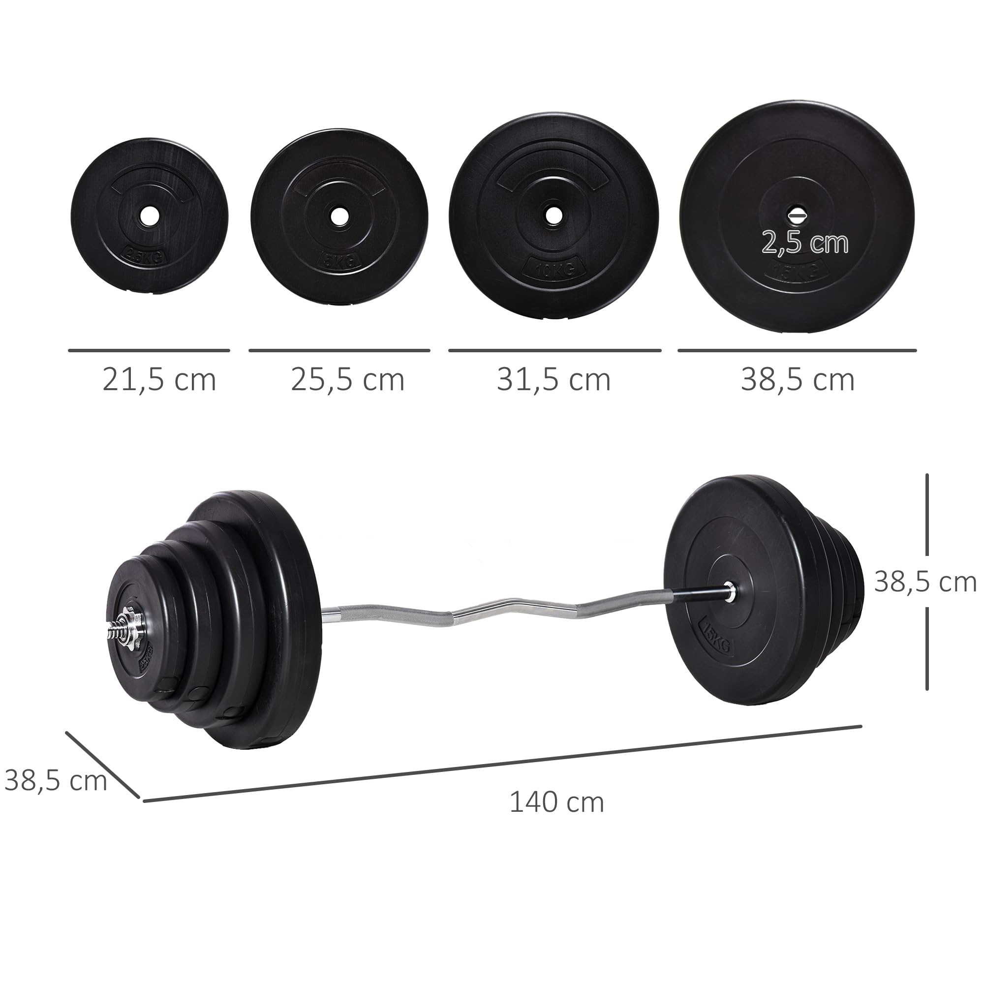 HOMCOM Barra de Pesas Curvada 70 kg Barra de Rizo Set de Musculación con 8 Discos de Pesos 2,5kg-15kg Intercambiables para Entrenamiento Culturismo en Gimnasio Casa 140x38,5x38,5 cm Negro