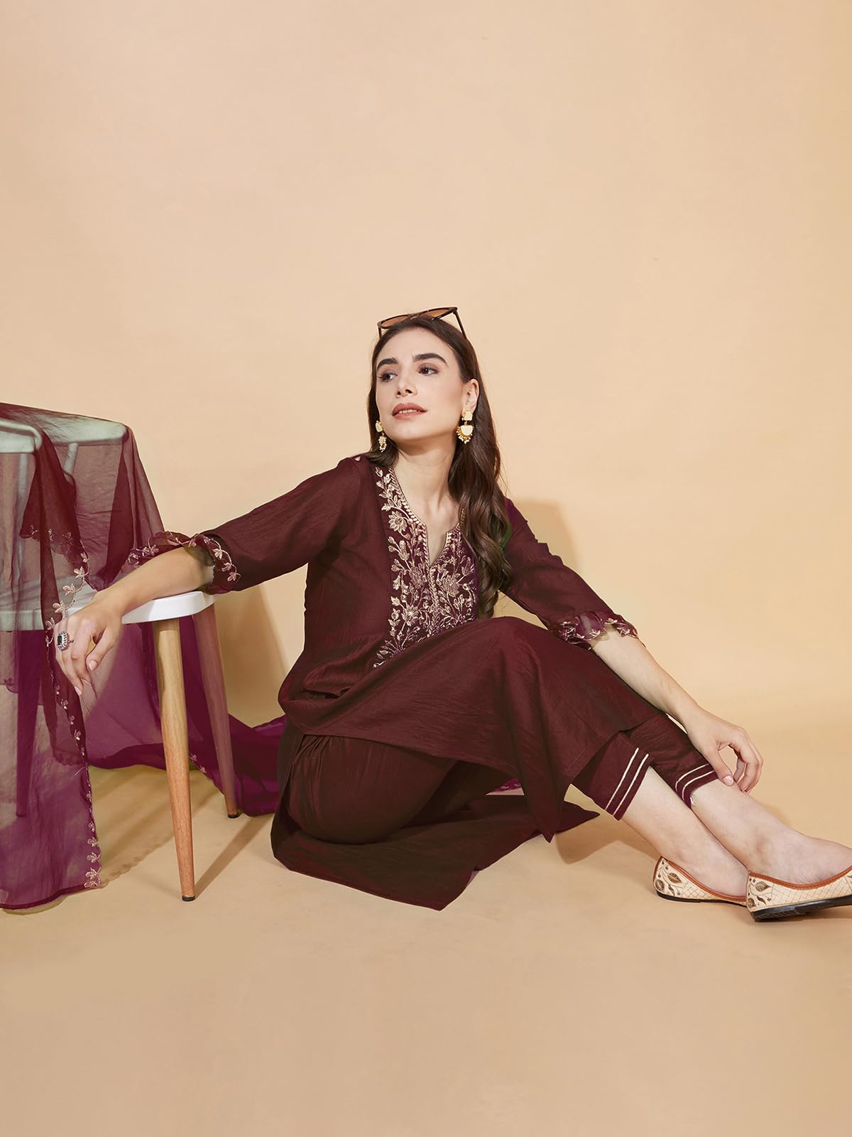 Sanisa Women's Chinnon Silk & Organza Sequence And Embroidery Work Straight Kurta With Pant And Dupatta Set (38Kbd477Nb-3Xl_Maroon)