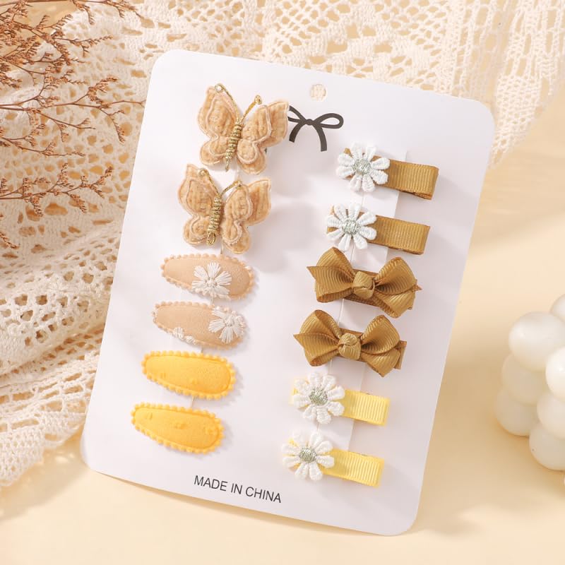 12PCS Baby women Hair Clips Set, Mini Yellow Toddler Barrettes with Butterfly Bow Flower Snap Clips Soft Fabric No Slip Hair Accessories for Infants Kids women