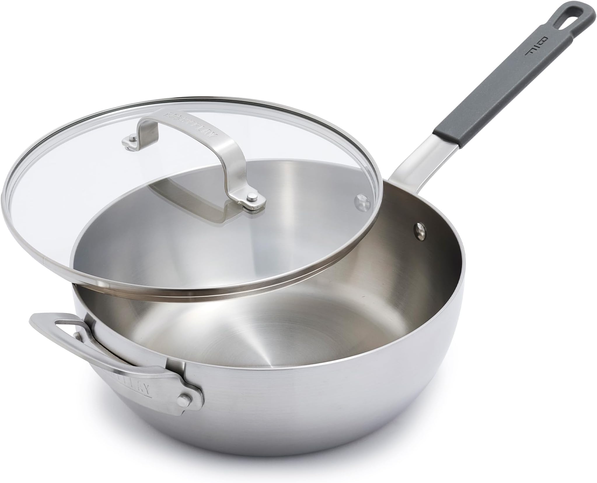 GreenPan x Bobby Flay Stainless Steel 3.75QT Saucepan & Glass Lid, Professional Grade Tri-Ply Chefs Pan, Multiclad, Induction Suitable, Dishwasher & Oven Safe, Stay Cool Silicone Handle,Chip Free Rims
