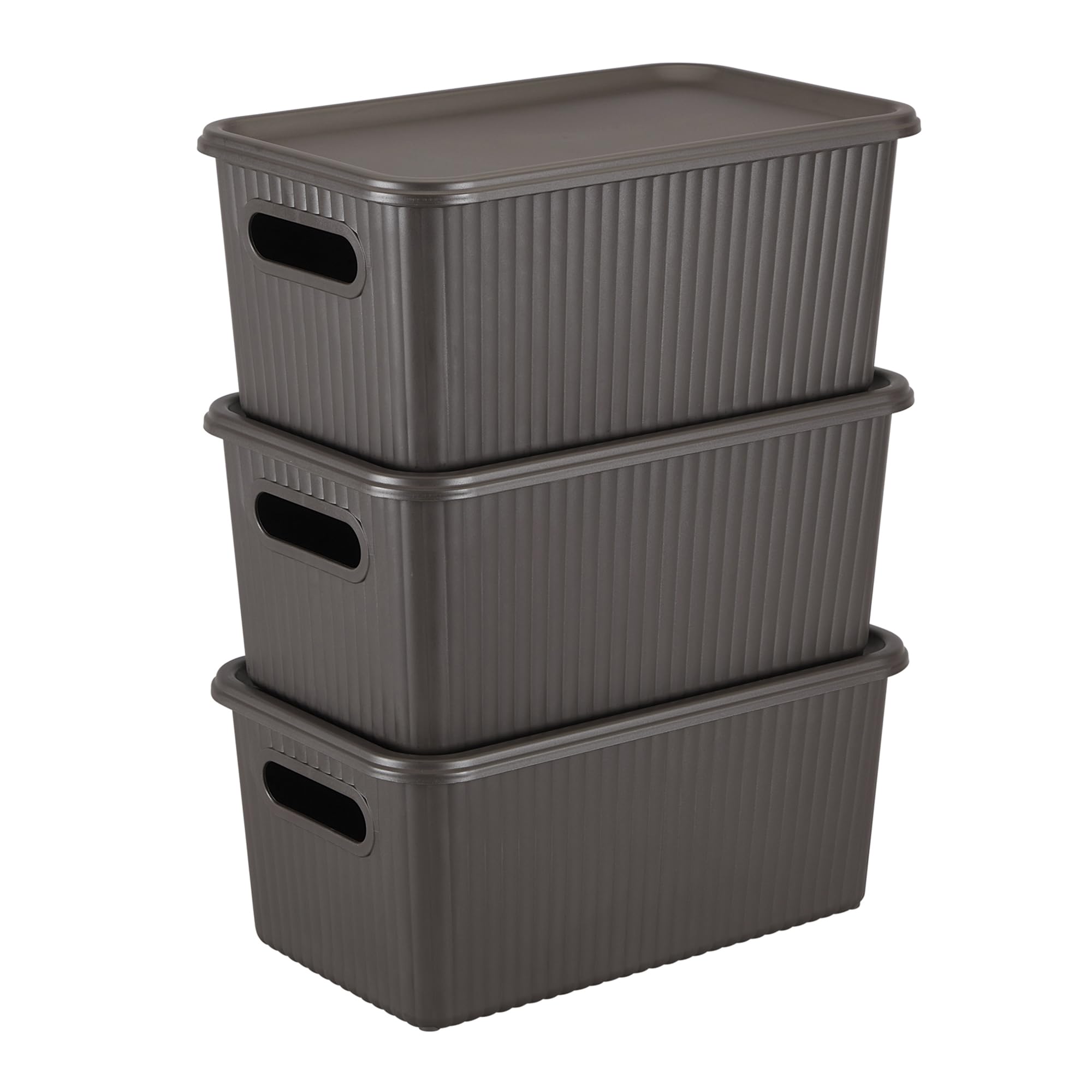 KOLORR Ribbed Baskets 3 Regular Basket with 3 Lid - Dark Brown | stackable| easy to clean | strong and durable | BPA free | Multipurpose Plastic Storage Basket, Rectangular-image-42