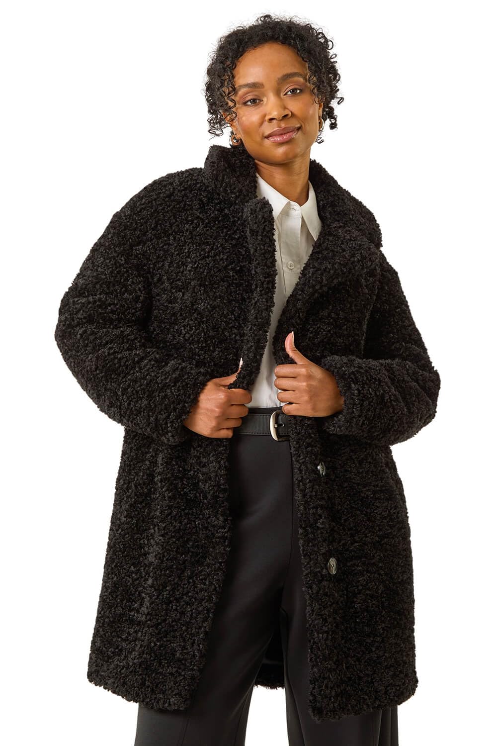 Roman Originals Women's Petite Black Roman Teddy Coat For Uk Borg Faux Fur Coatigan Lined Casual Soft Fluffy Fleece Texture Oversized Longline Warm Cosy Winter Jacket Thick Cardigan - Size 12