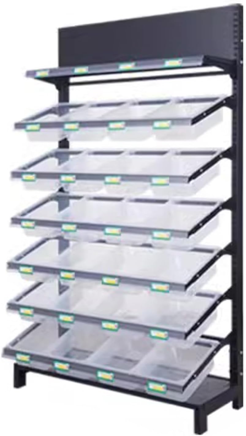 Retail Display Storage Rack，Snack Storage Rack,Commercial Chips Fruit Vegetable Supermarket Shelf Organizer with Transparent PP Box – Tall Snack Sales Rack for Wholesale Distribution.