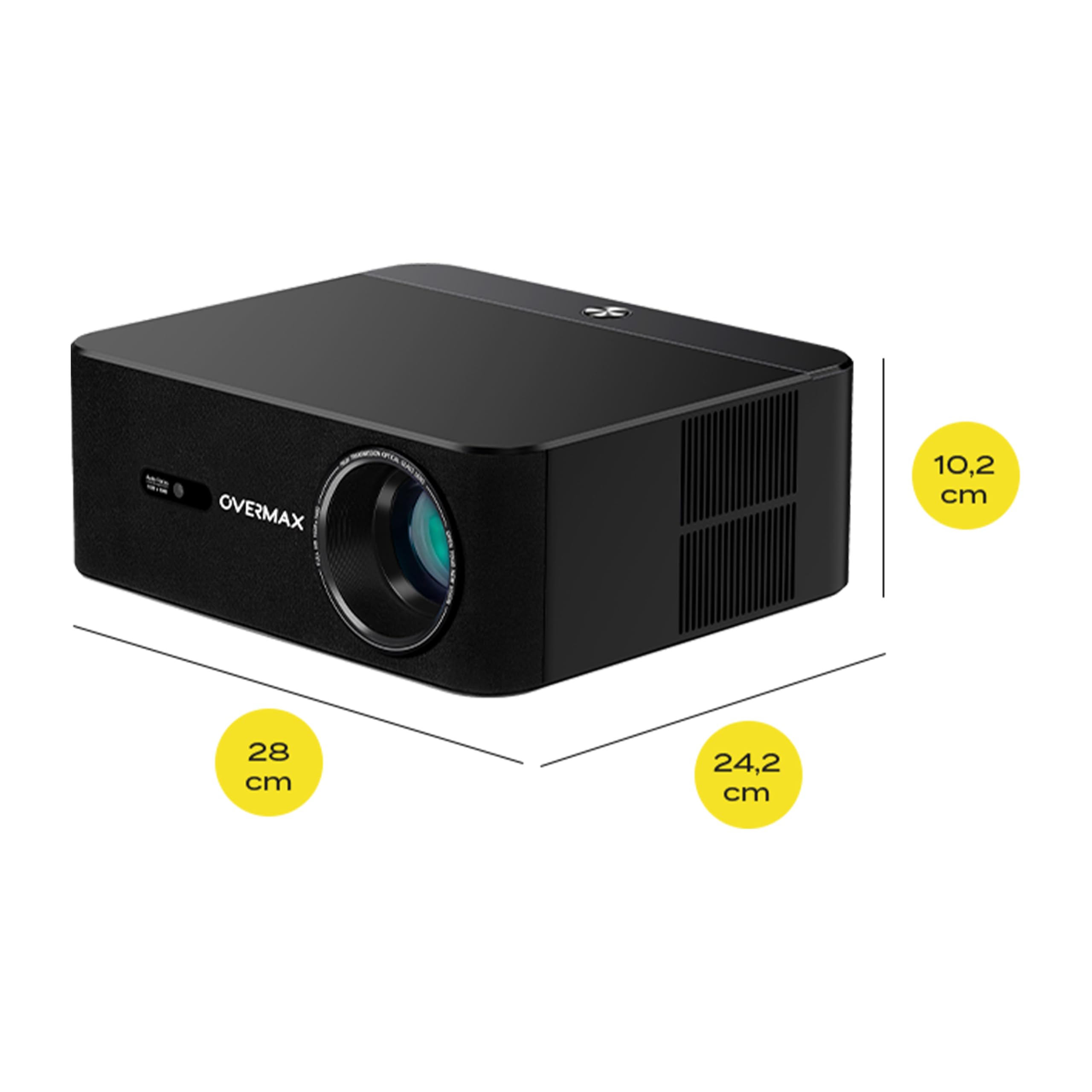 Projecteur Overmax 4K Full HD 1080P Multipic 5.2, Google TV, Wi-FI et Bluetooth, Correction trapézoïdale Automatique à 30°, Zoom électrique, Miracast et Rotation à 360°, écran jusqu'à 200
