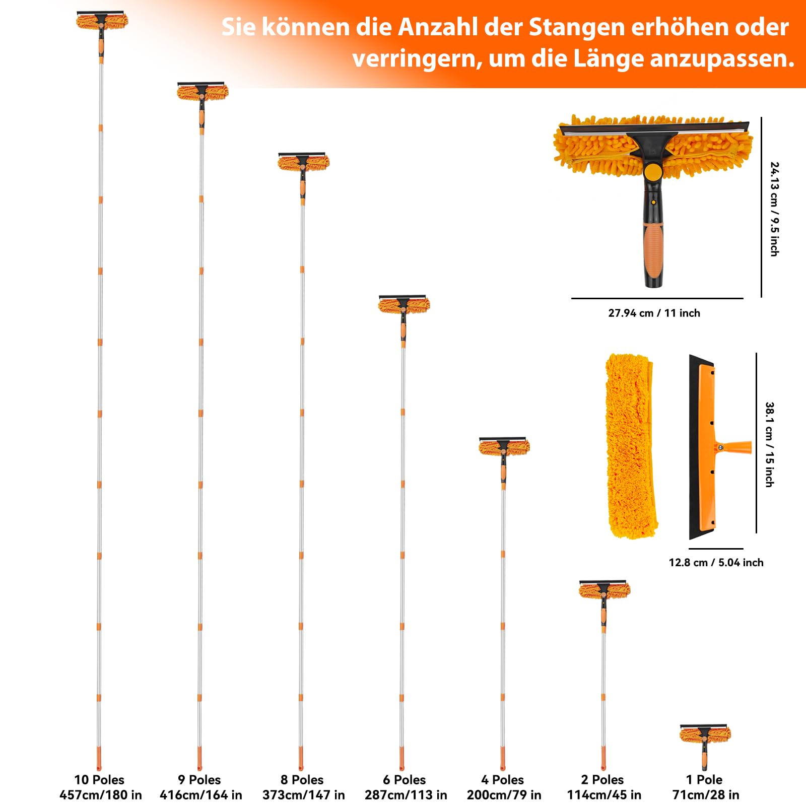 4.5M Fensterwischer Teleskop Fuer Fenster: 2 in 1 Fensterputzer Putzen Set Profi Abzieher Fensterabzieher Mit Teleskopstiel Teleskopstange Fensterreinigung Hohe Fenster Dachfenster Ür Innen und Außen