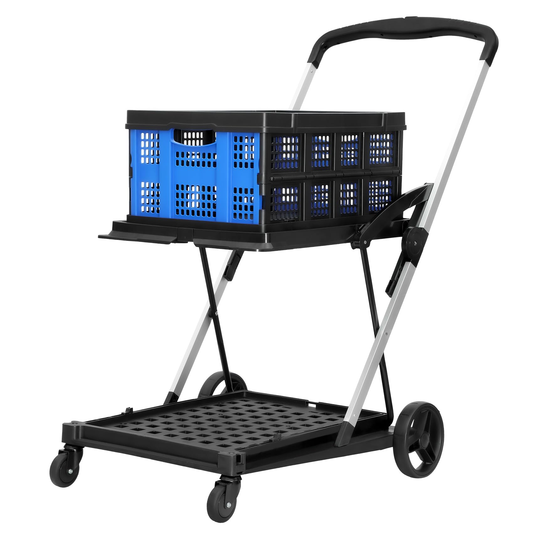 Multi-Functional Folding Trolley Shopping cart with Storage Box,Shopping Cart Folding Utility Trolley with 360° Rolling Swivel Wheels,Outdoor Storage Cart Wagon Truck for Laundry Sports Parking Brake