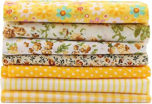 Rengue 7pcs Squares Fat Quarter Fabric Bundles, 50x50cm Fabric Pre-Cut Squares Sheets Floral Pattern for Quilting and Sewing Bedding Yellow Flower System