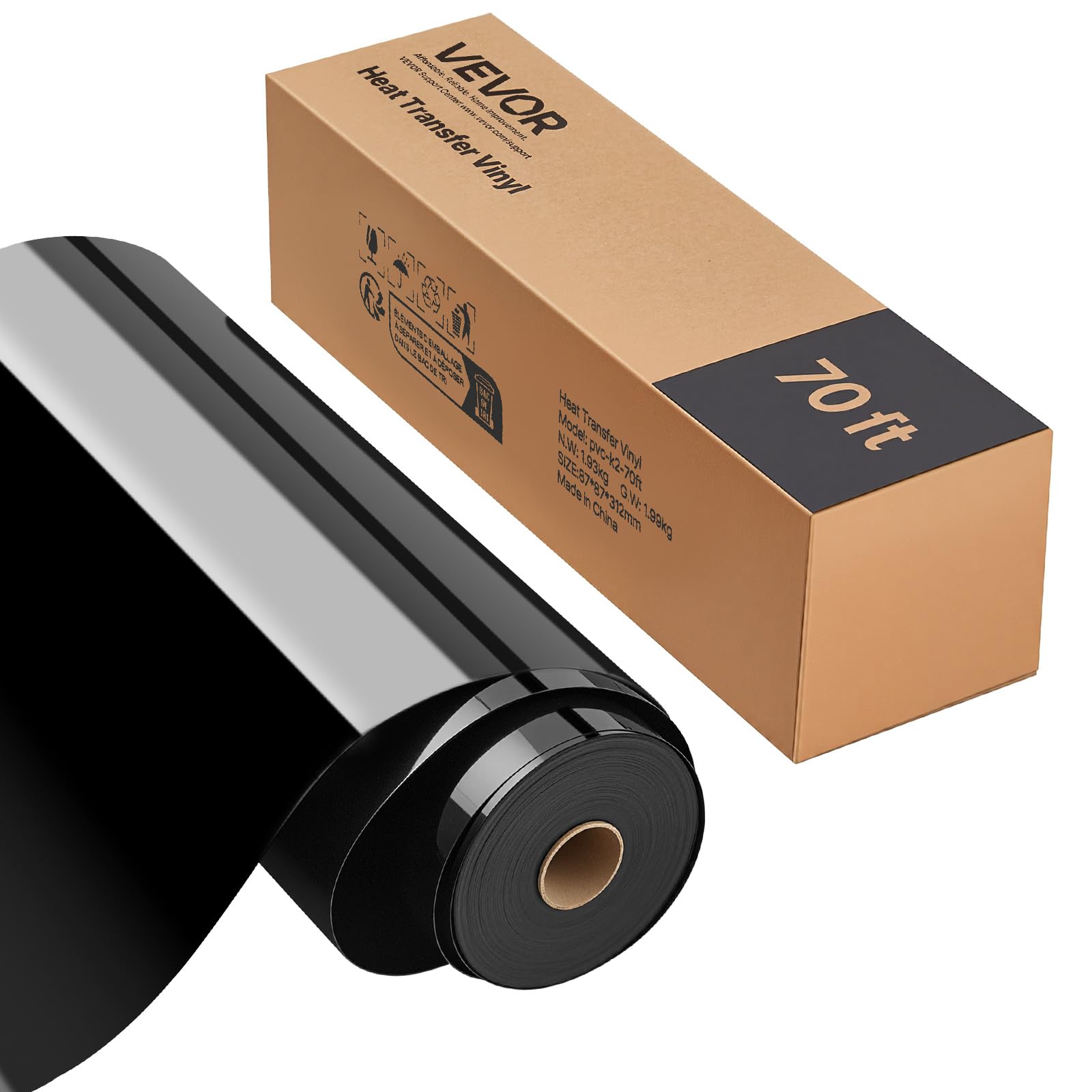 VEVOR Foglio di Rotolo Vinile Termoadesivo per Tessuti 304,8 x 21336 mm, Pellicola per Plotter in Vinile a Trasferimento Termico per Macchine da Taglio, per Magliette Cuscini Cappelli, HTV, Nero