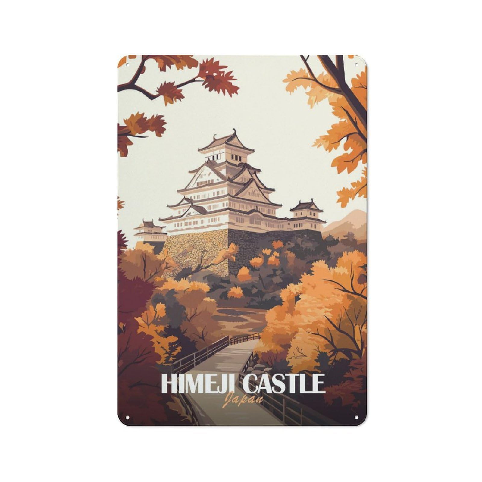 Junmoney Style-1 Tin Wall Plaque 30X20cm With Himeji Castle Japan For Hobby Room Or Studio, For Themed Interiors In Hobby Rooms And Studios