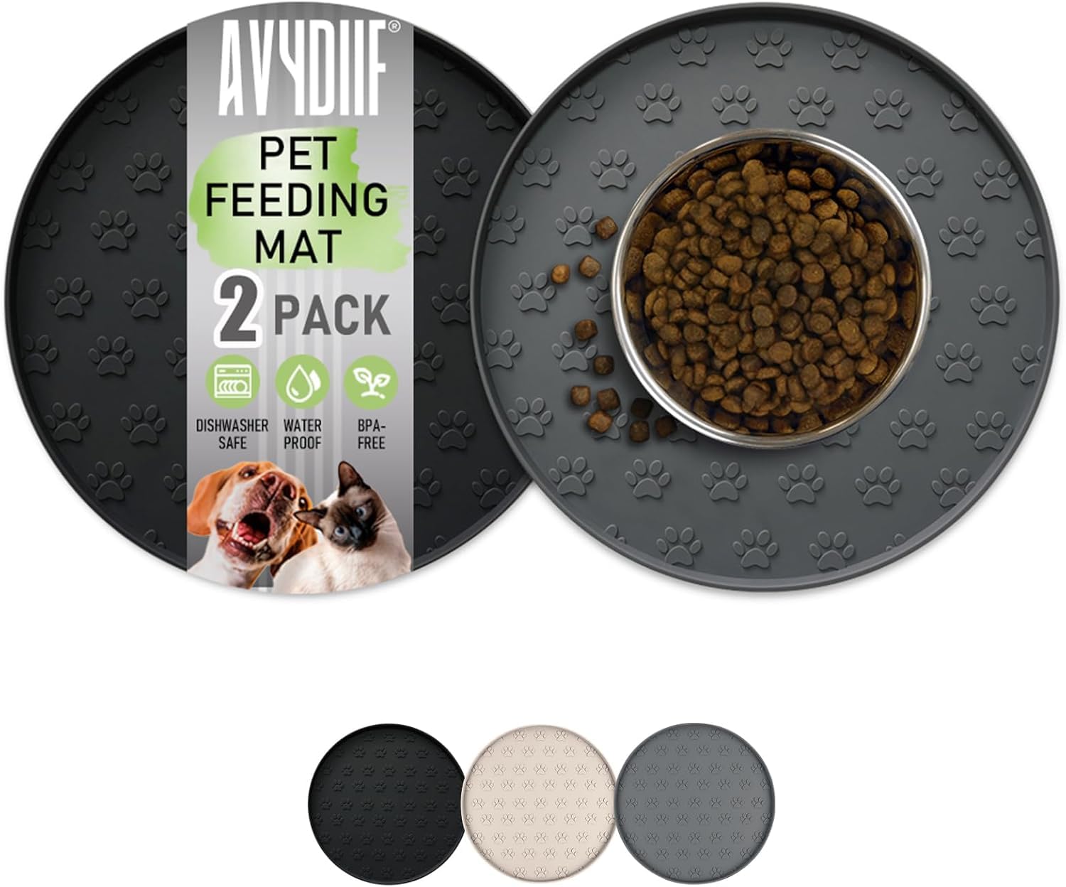 AVYDIIF 2 Pack Pet Feeding Mats, Waterproof Anti-slip Placemats for Dog Cat Bowl Silicone Pet Food Mat, Raised Edge Prevent Spills on Floor & Carpet, Dishwasher Safe (Grey+Black, 28 X 28 cm) — image 1