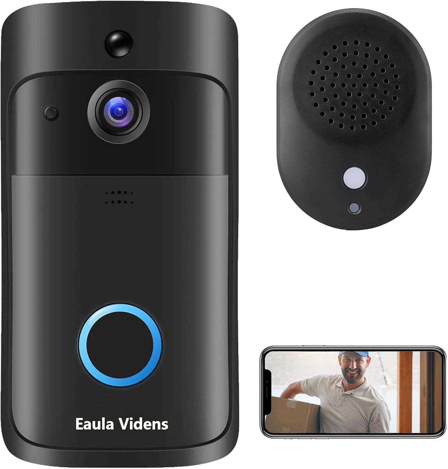 Eaula Videns Video Doorbell Camera, HD WiFi Wireless Battery Power Operated Motion Detector Audio&Speaker Night Vision，IP65 Outdoor Waterproof with Doorbell Chime for iOS&Android
