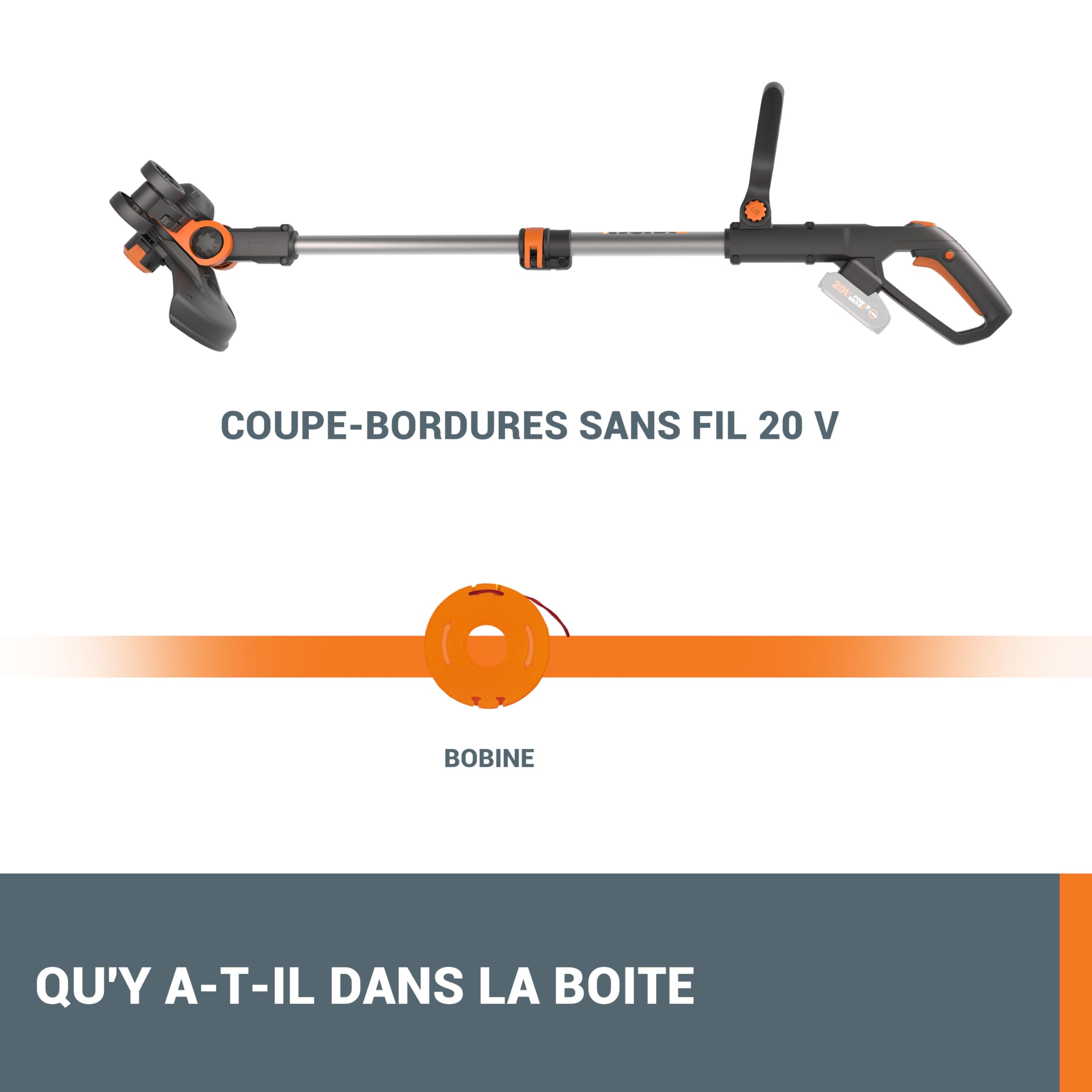 WORX Coupe-Bordures 2 en 1 sans Fil 20V WG163E.9, diamètre de 30 cm, se transforme en Dresse-Bordures, poignée Amovible, Capot de Protection, tête Amovible 90°, livré sans Batterie ni Chargeur