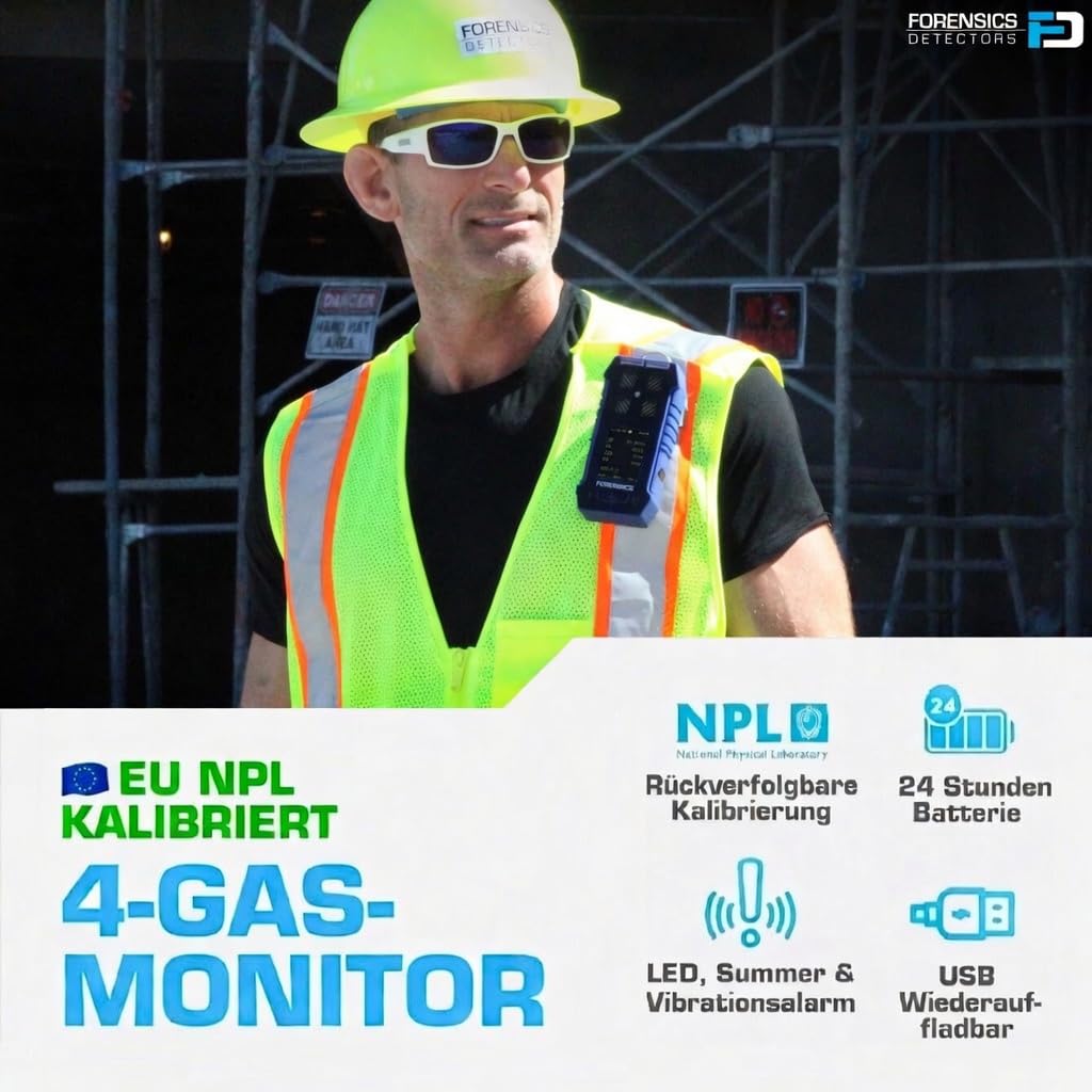 4-Gas-Messgerät | O2, CO, H2S, LEL | EU-Kalibrierzertifikat | Farbdisplay | Wiederaufladbarer Lithium-Ionen-Akku