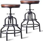 Vintage Industrial Bar Stool-Rustic Swivel Barstools-Round Wood Metal Base-Kitchen Counter Height Adjustable Pipe Stool-Cast Steel Chairs 20-27 Inch (Set of 2)