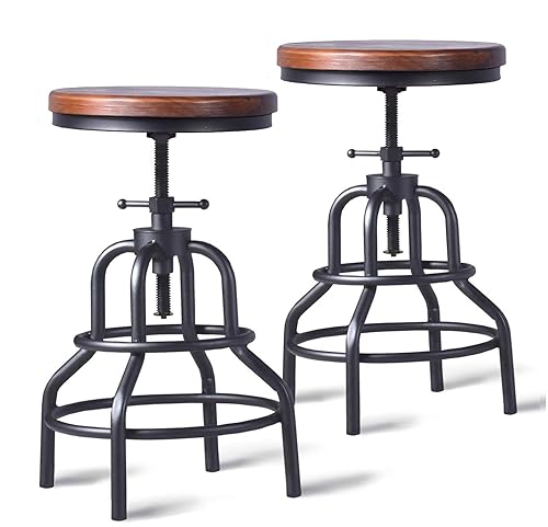 Vintage Industrial Bar Stool-Rustic Swivel Barstools-Round Wood Metal Base-Kitchen Counter